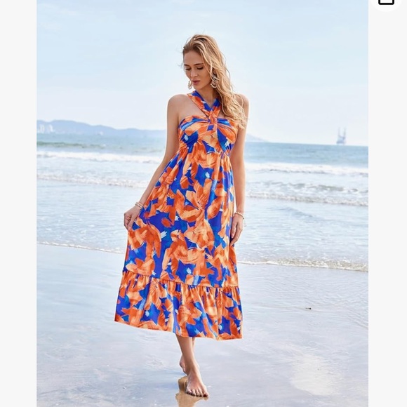 Grace Karin Dresses & Skirts - GRACE KARIN Criss Cross Halter Neck  Summer Floral Print Flowy Maxi Dress